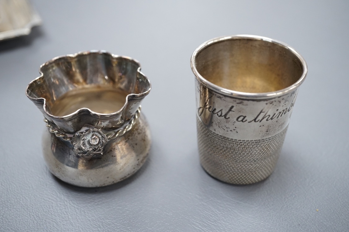 A George V silver Mappin and Webb match box holder ashtray, 12.6cm, a just a thimbleful sterling spirit tit, novelty 925 salt, modelled as a sack.